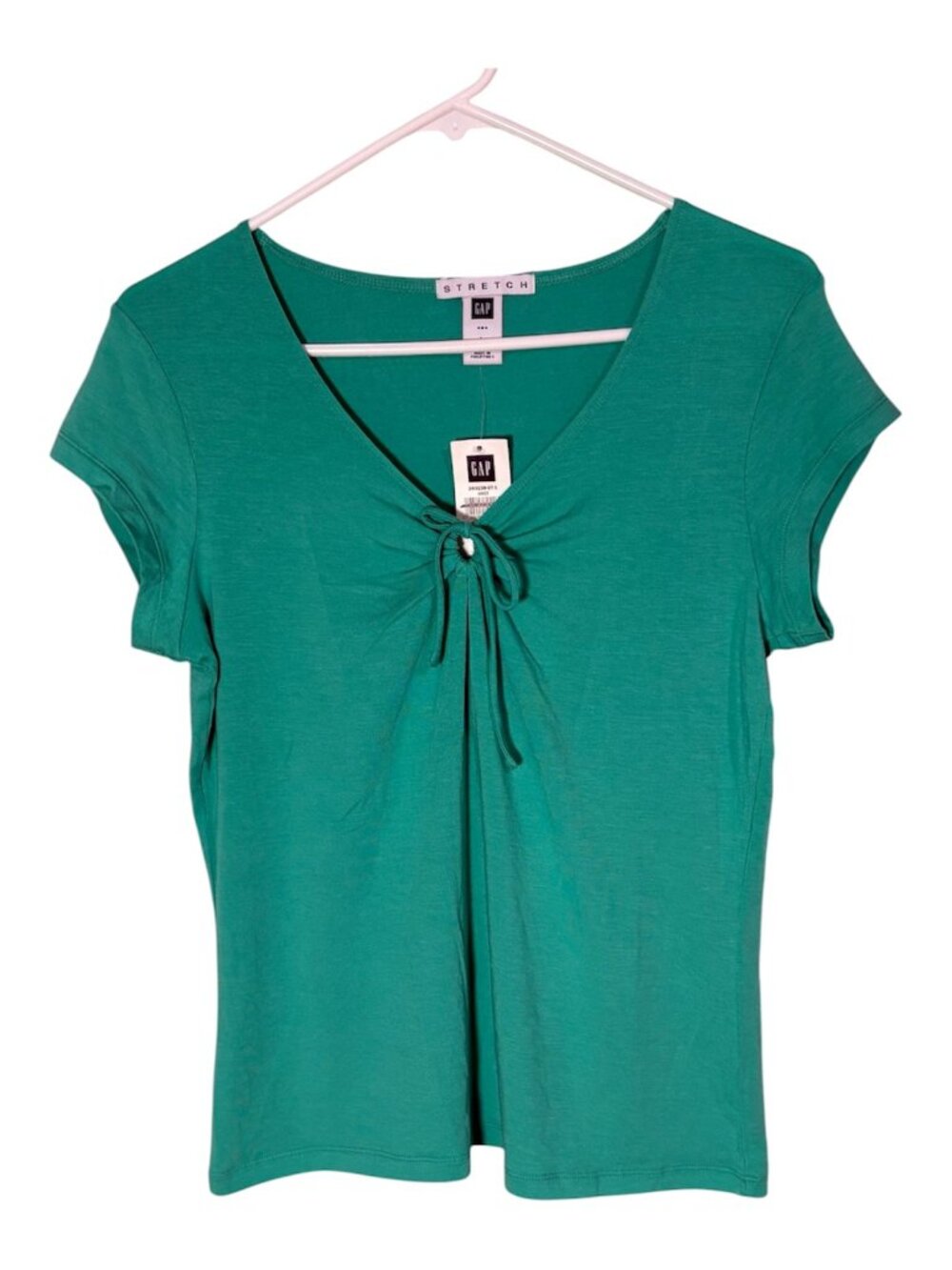 Vintage GAP Top Shirt L Teal Green Short Sleeve Stretch Keyhole Tie 2005 NOS NWT